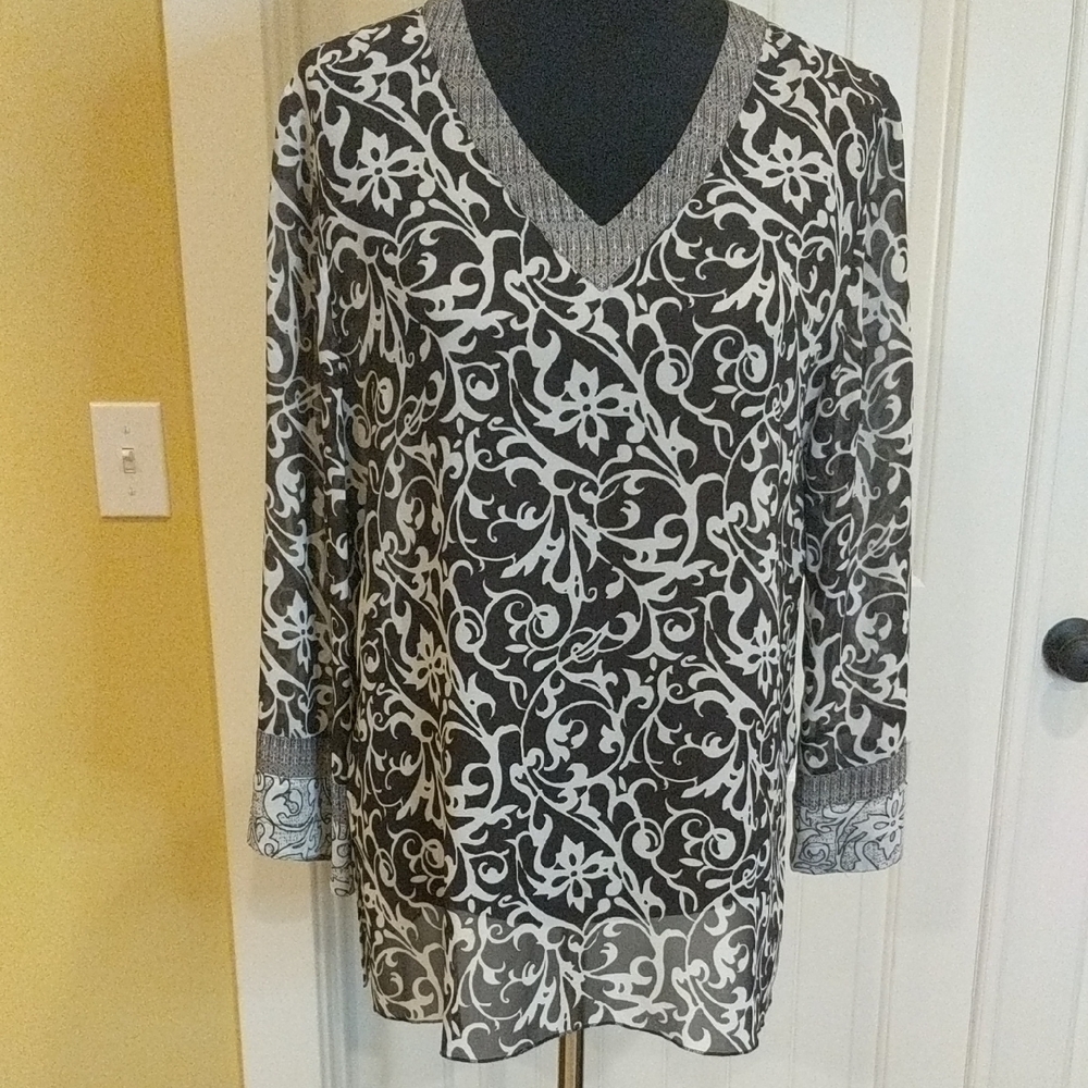 Chico's Silk Semi Sheer Black and White V-Neck Blouse